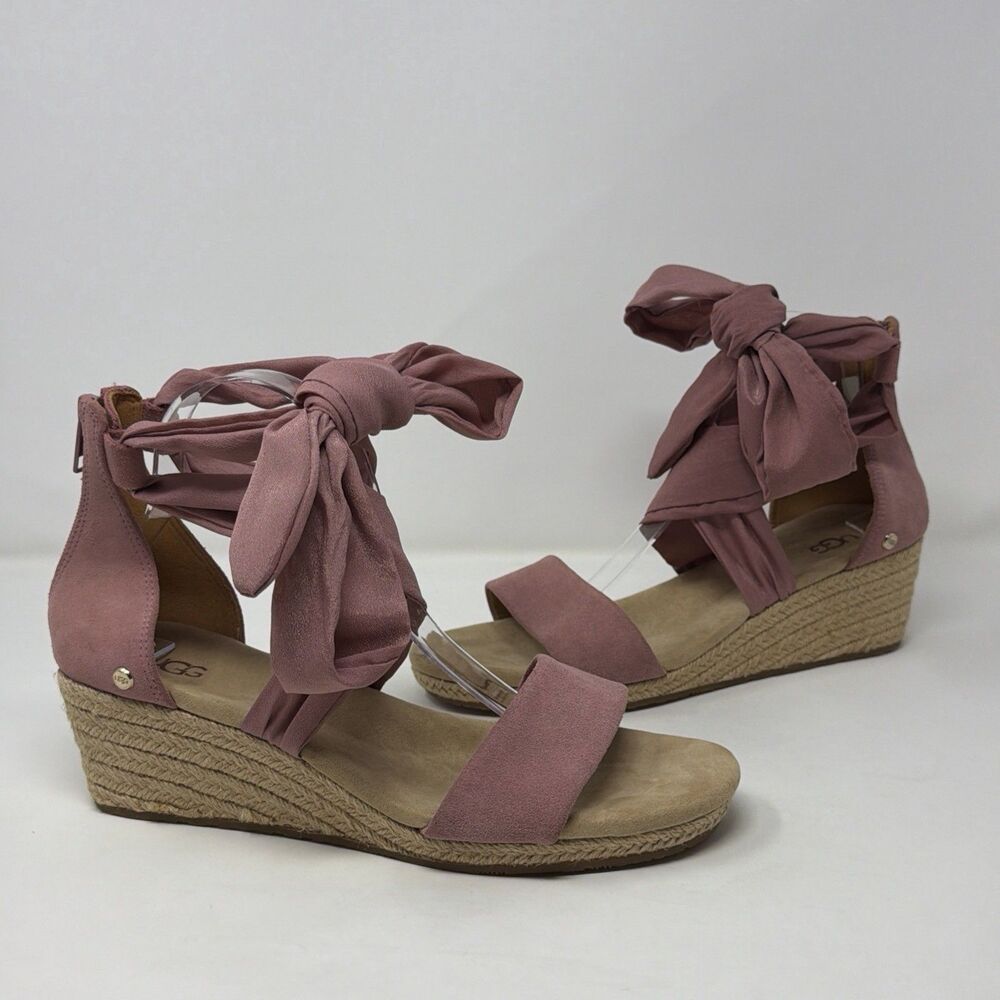 UGG Trina Pink Dawn Wedge Sandals Women 10 Suede Espadrille Ankle Wrap Bow